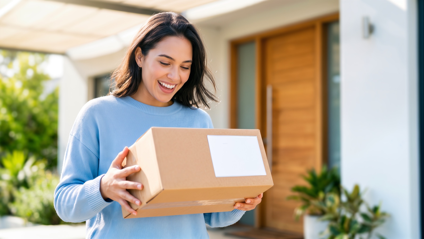 Someone smiling at a delivery at their front door